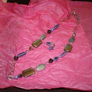 Lavender silver gold chunky necklace & pierced earrings set